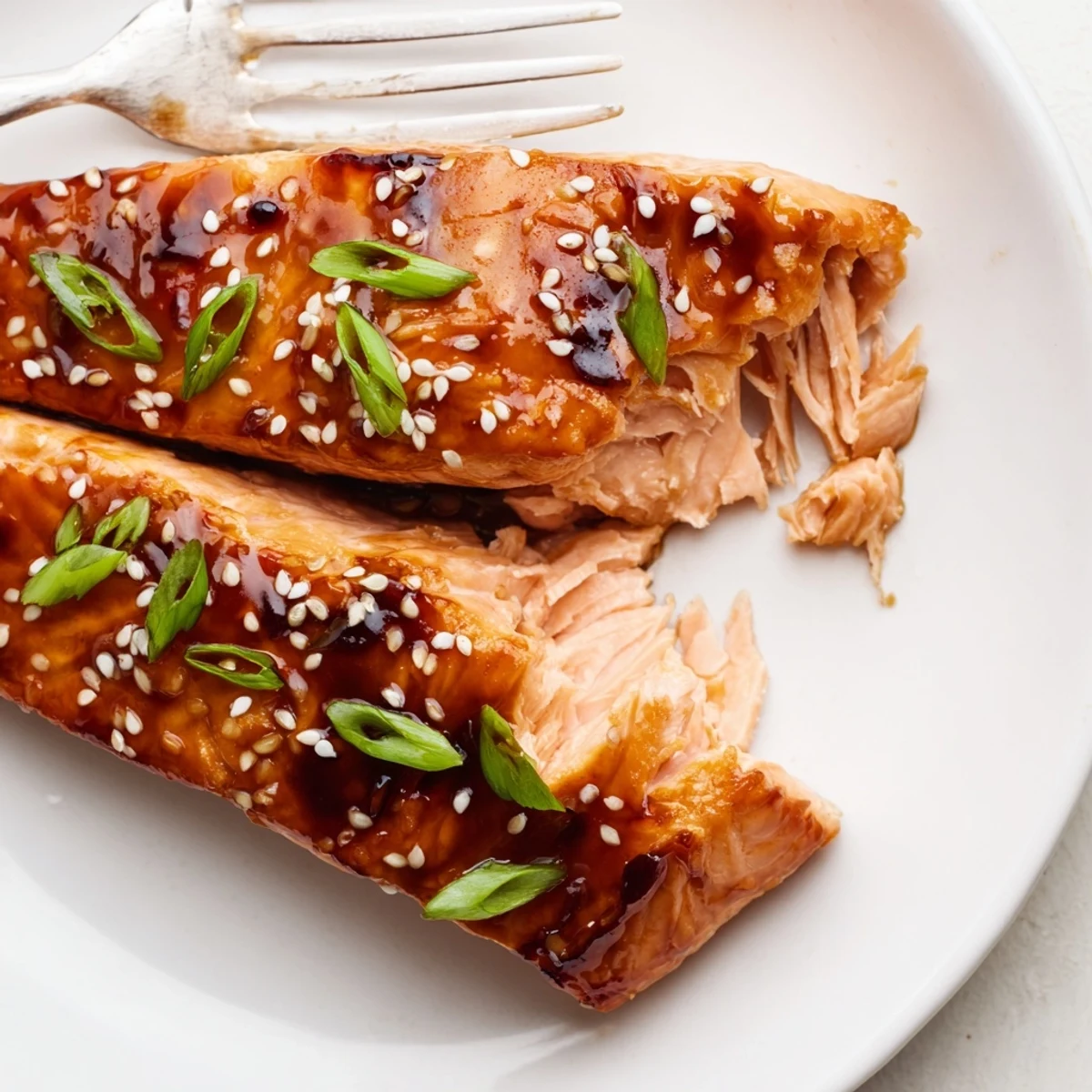 Glossy baked Asian salmon fillet drizzled with sticky soy-ginger glaze and sprinkled sesame seeds