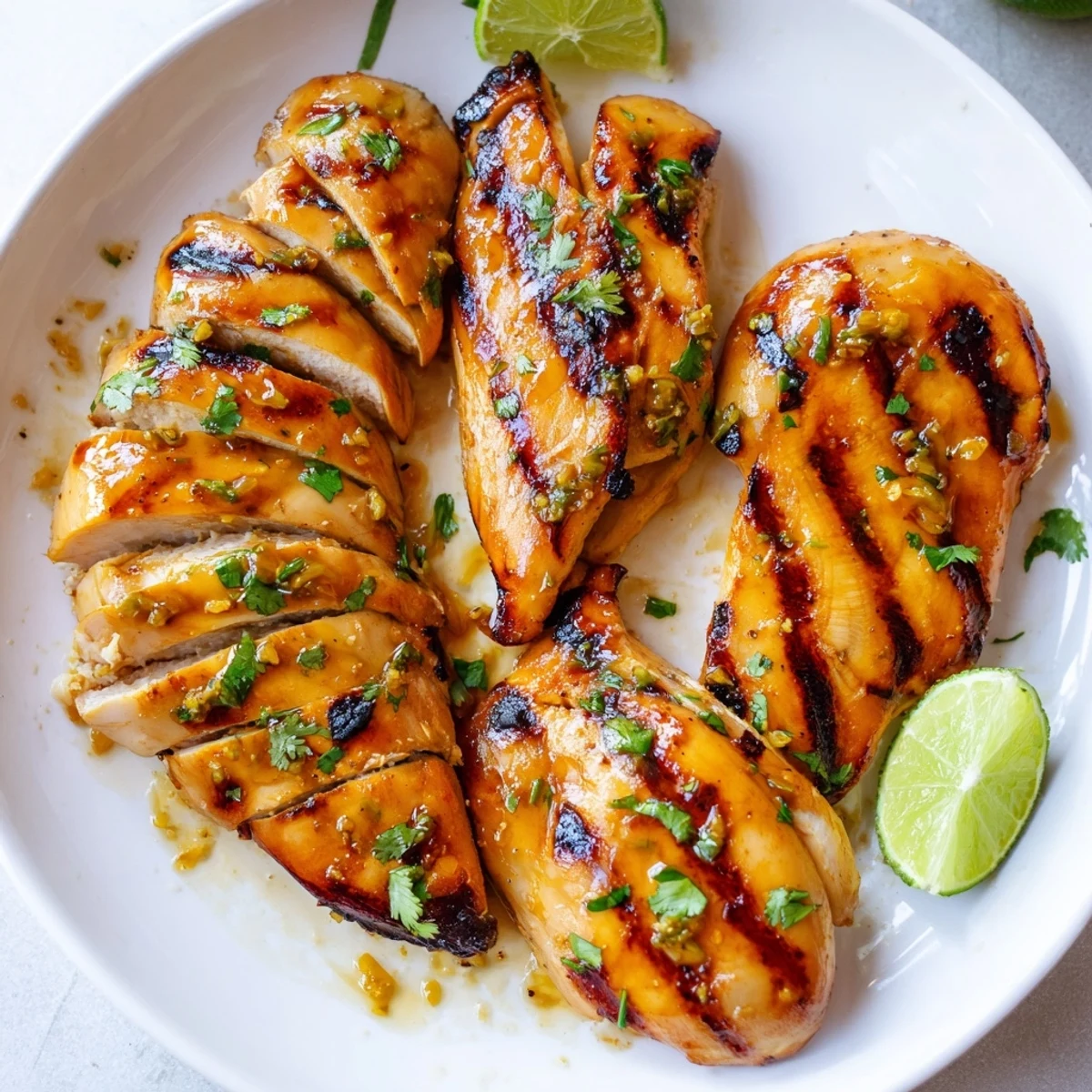 Juicy honey lime chicken breasts sliced open, drizzled with sticky sweet citrus glaze, served with lime wedges