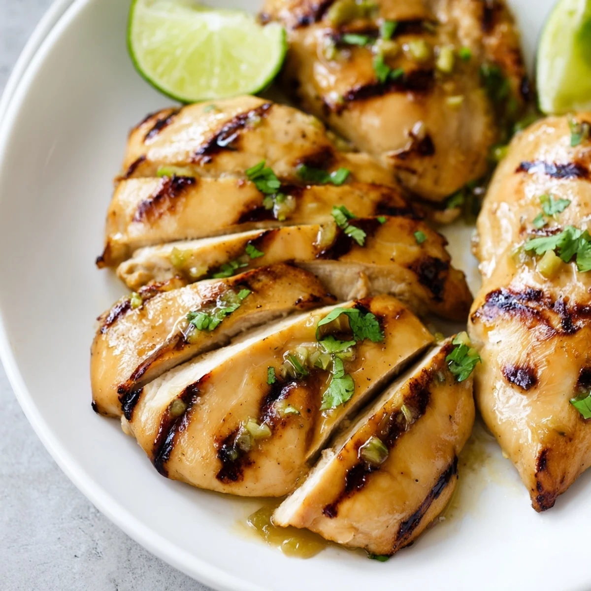 Golden grilled honey lime chicken with charred grill marks and fresh cilantro garnish on a white plate