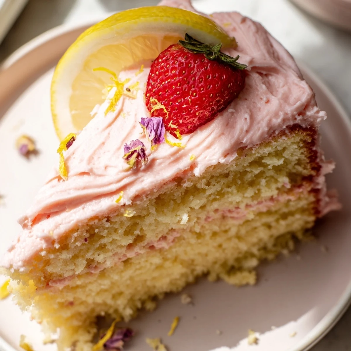 Moist strawberry lemonade cake layers with tangy cream cheese frosting and bright lemon wheel decorations