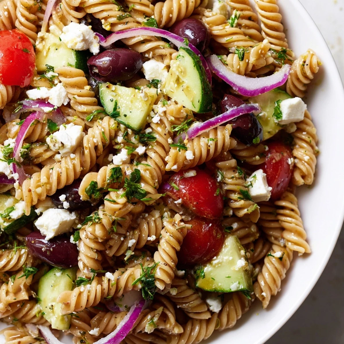 A vibrant Greek Pasta Salad loaded with crisp cucumbers, ripe tomatoes, and creamy feta cheese
