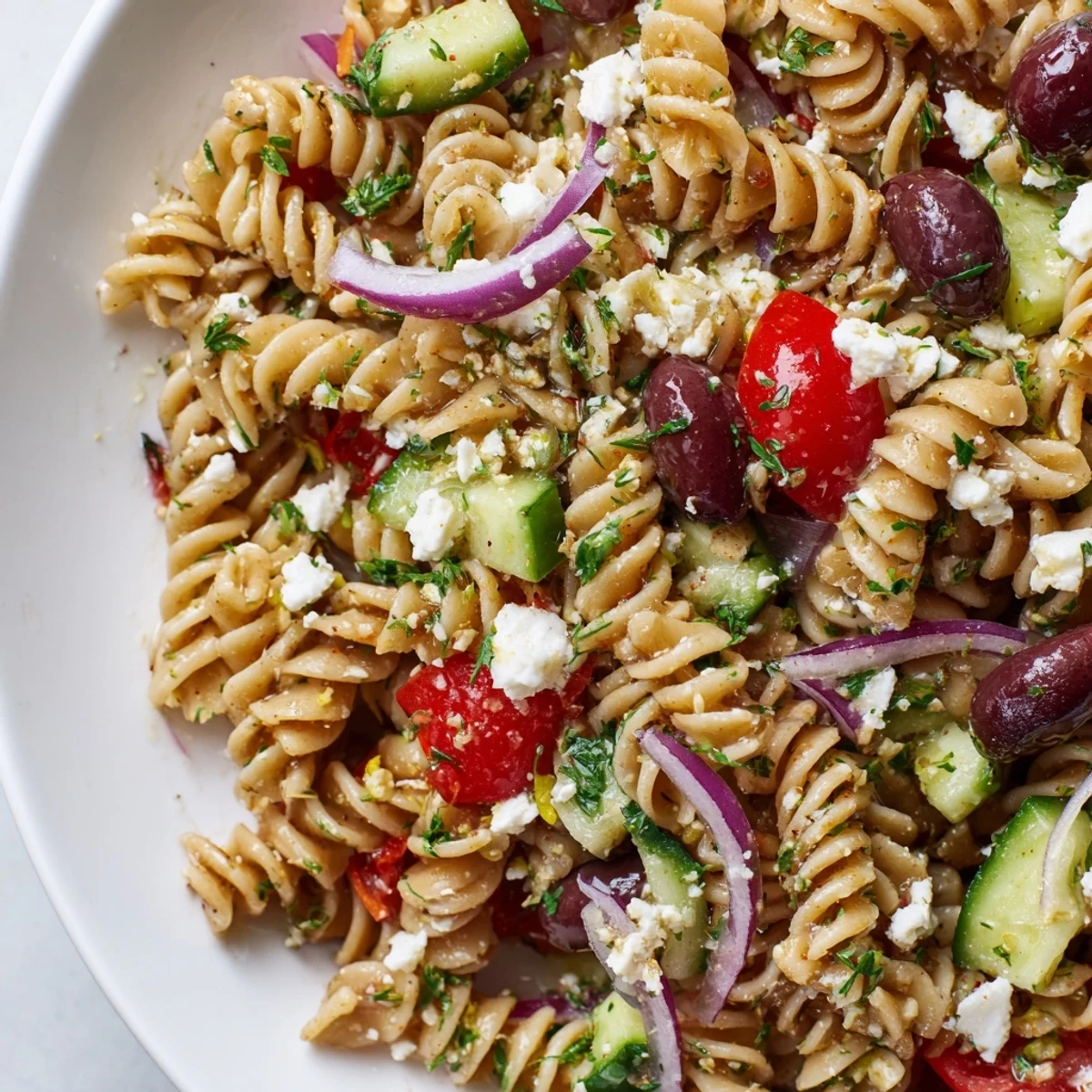 Colorful Greek Pasta Salad tossed with Kalamata olives, fresh herbs, and tangy homemade vinaigrette
