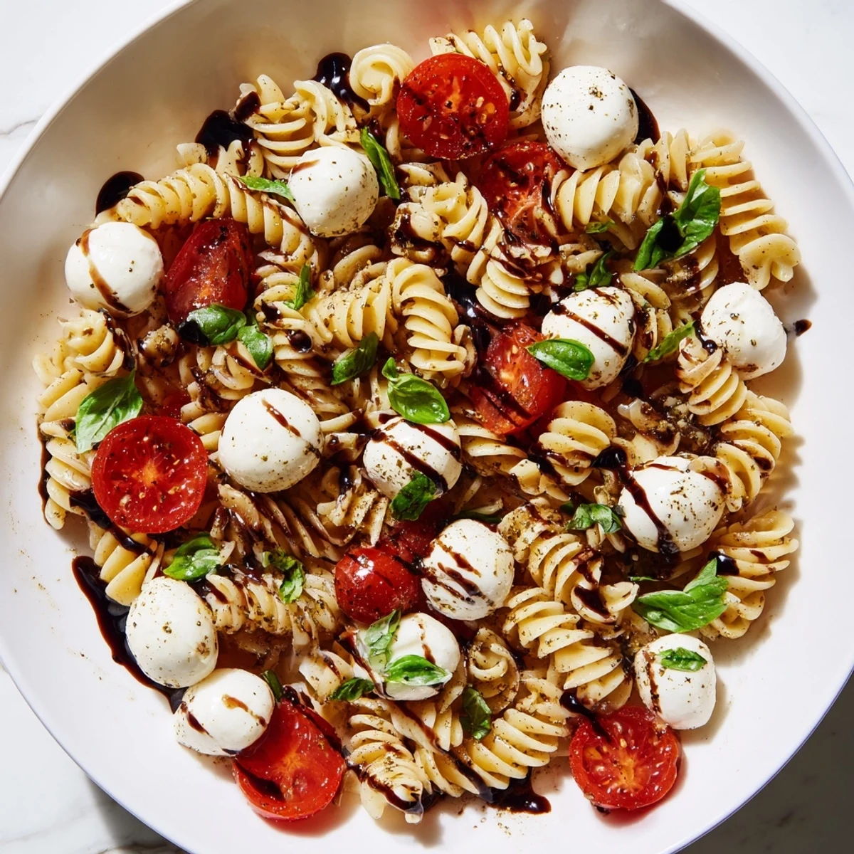 A vibrant Caprese Pasta Salad loaded with juicy tomatoes and fresh mozzarella balls
