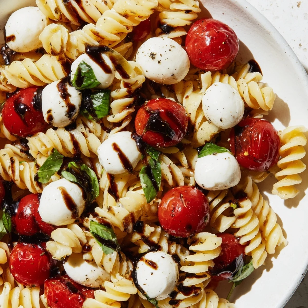 Caprese Pasta Salad in a bowl with basil leaves and balsamic glaze drizzle