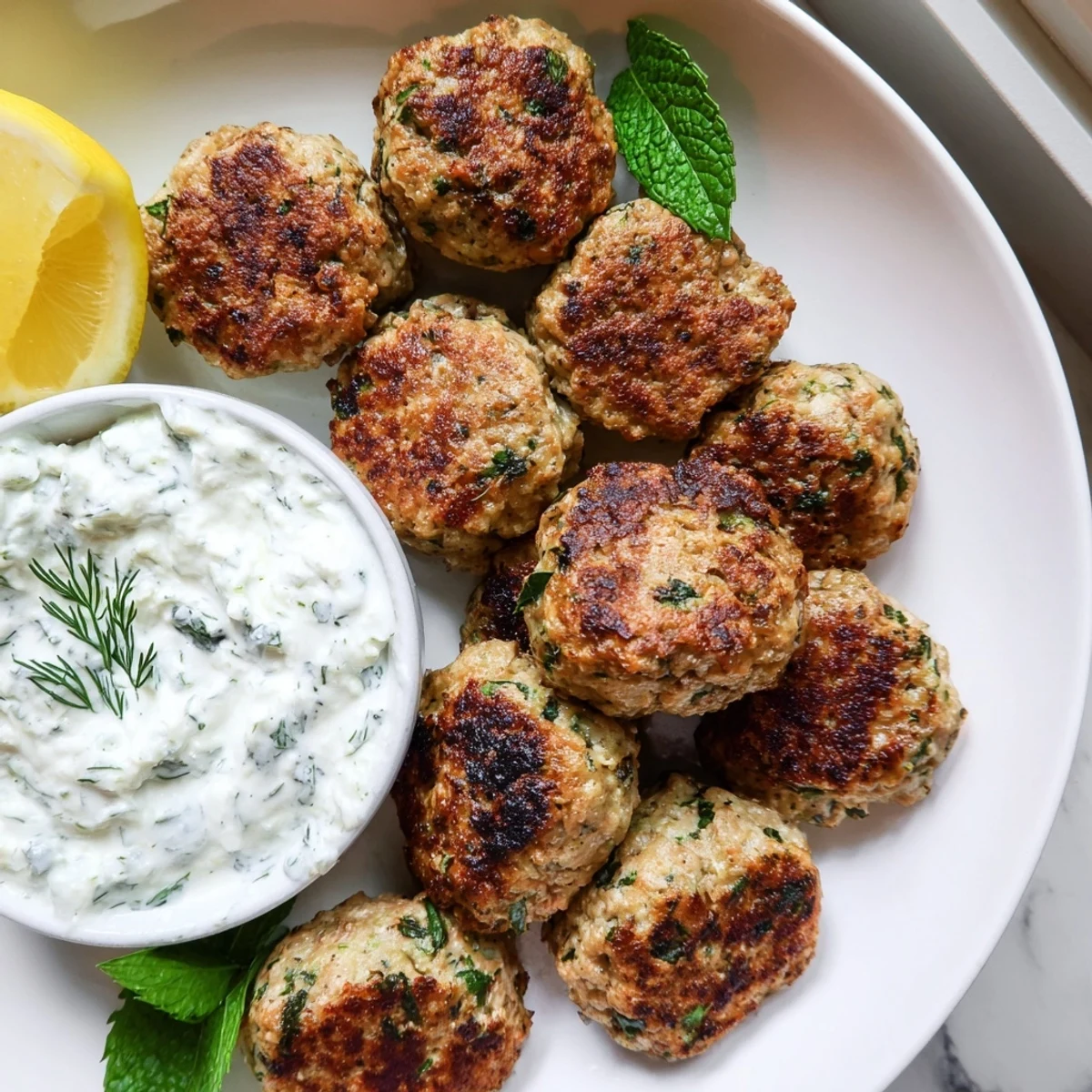 Golden Greek turkey meatballs with herbed seasoning resting beside a pool of cool tzatziki sauce