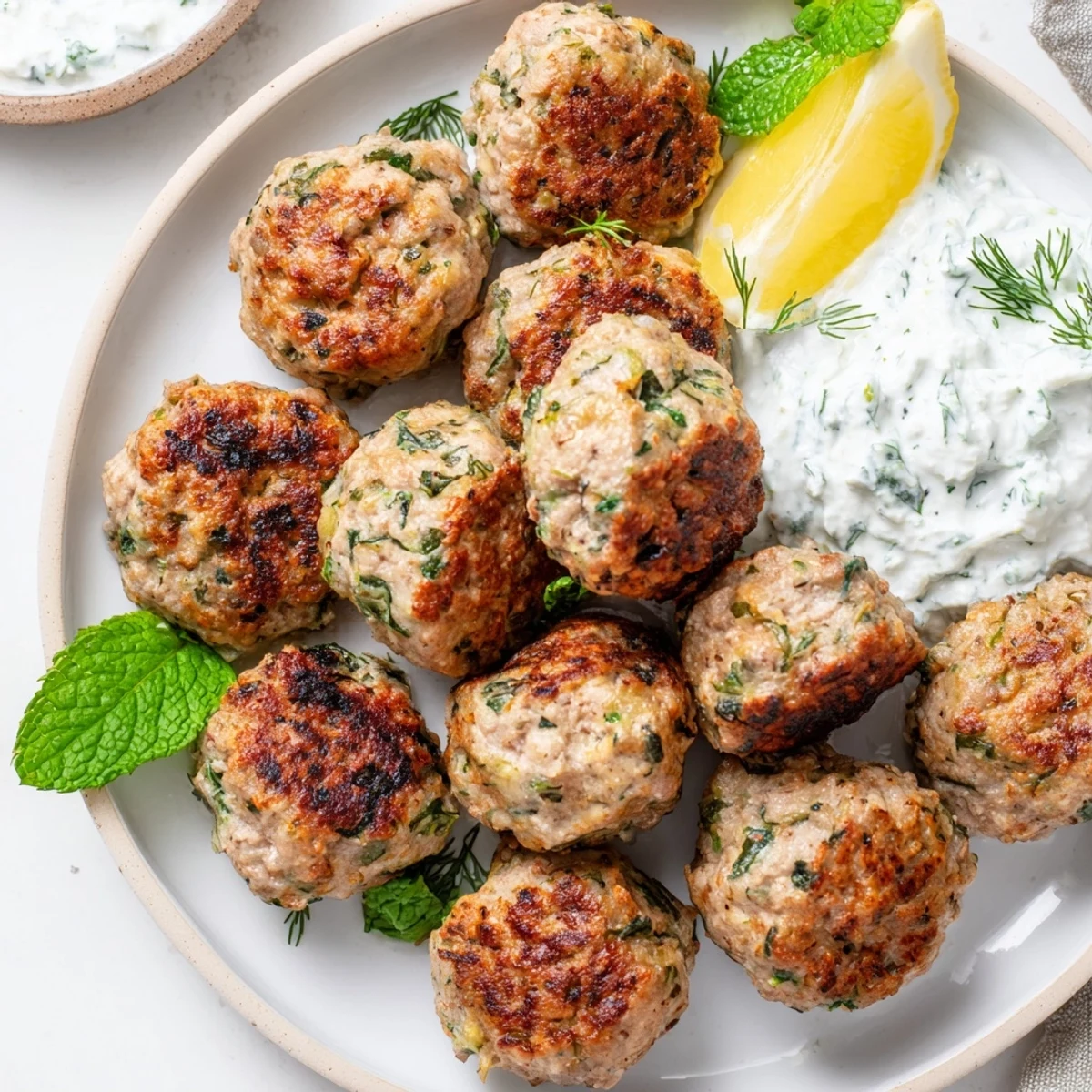 Crispy pan-seared Greek turkey meatballs drizzled with creamy tzatziki and garnished with fresh dill