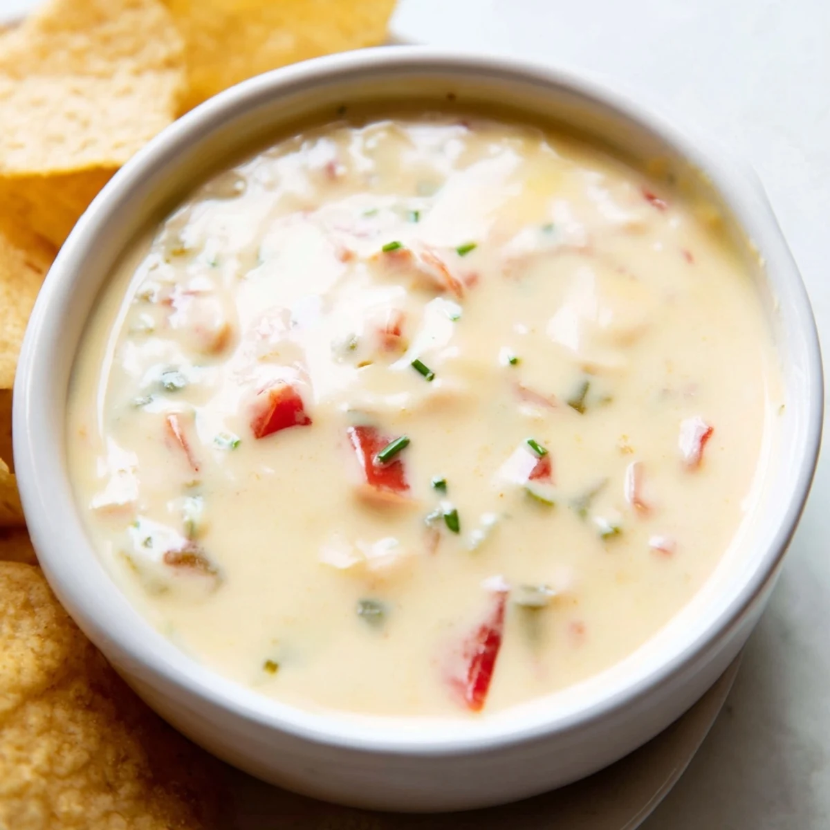 Warm cheese dip with melted cheddar and Monterey Jack in a serving bowl