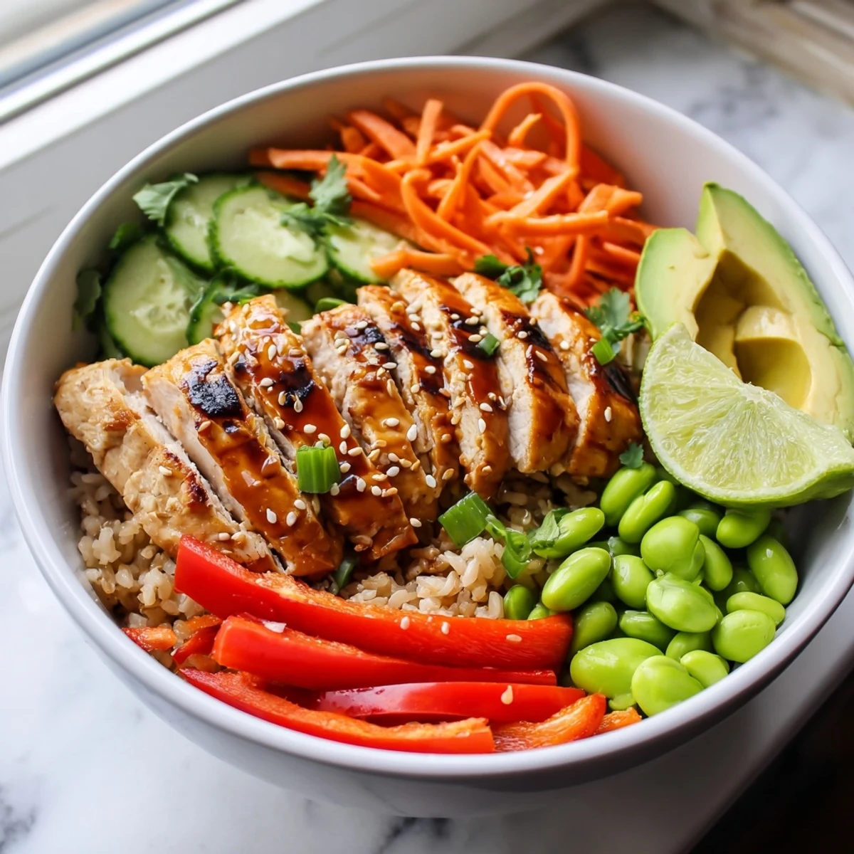 Colorful Asian inspired chicken power bowl with grilled meat and fresh crisp vegetables
