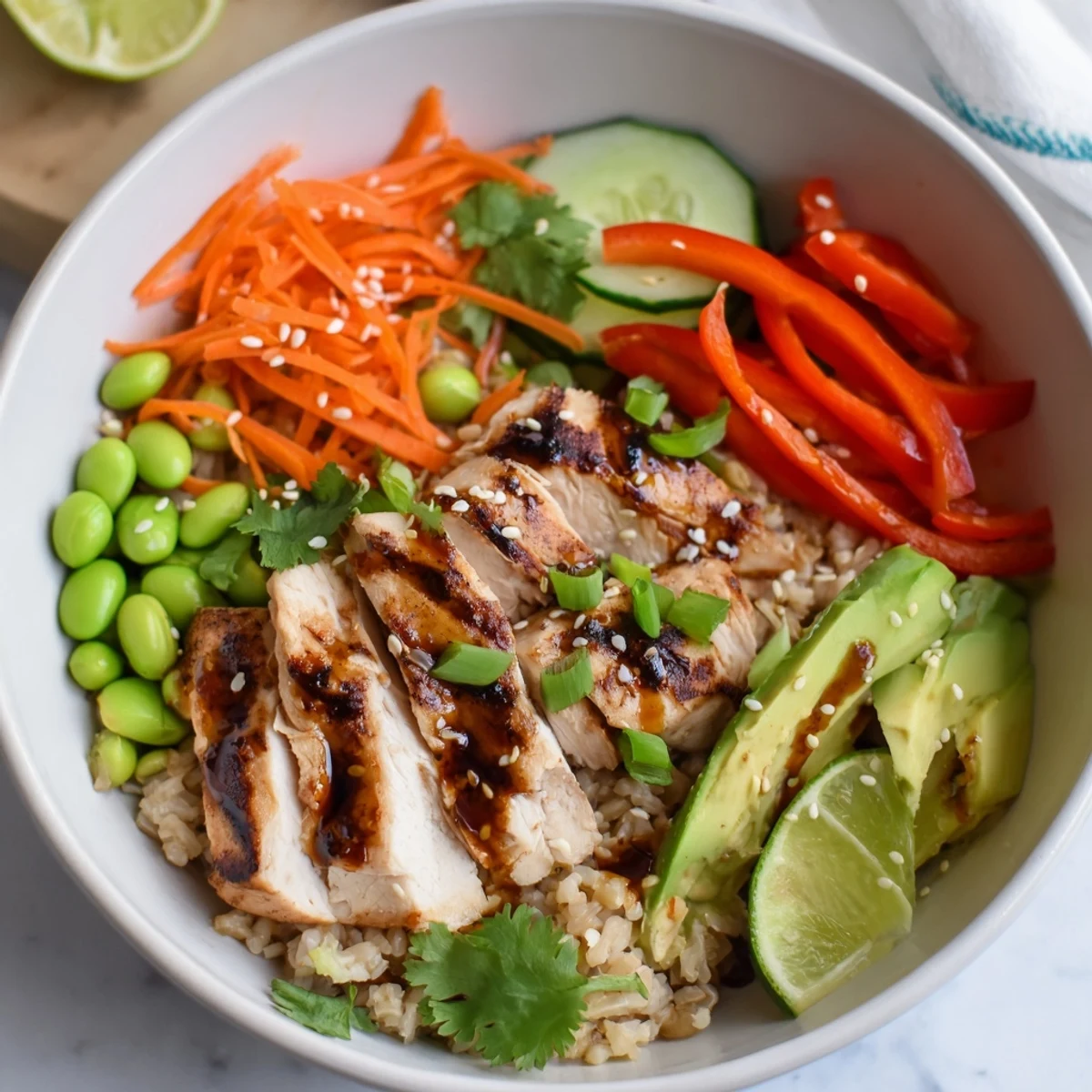 Asian inspired chicken power bowl drizzled with sesame dressing and topped with avocado