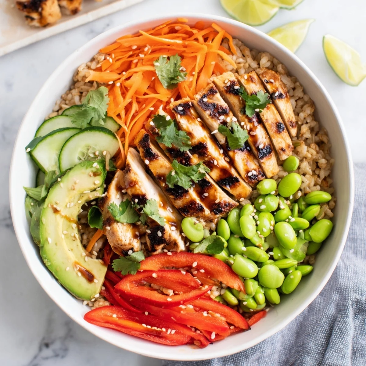 Grilled Asian inspired chicken power bowl served over brown rice with julienned carrots and edamame