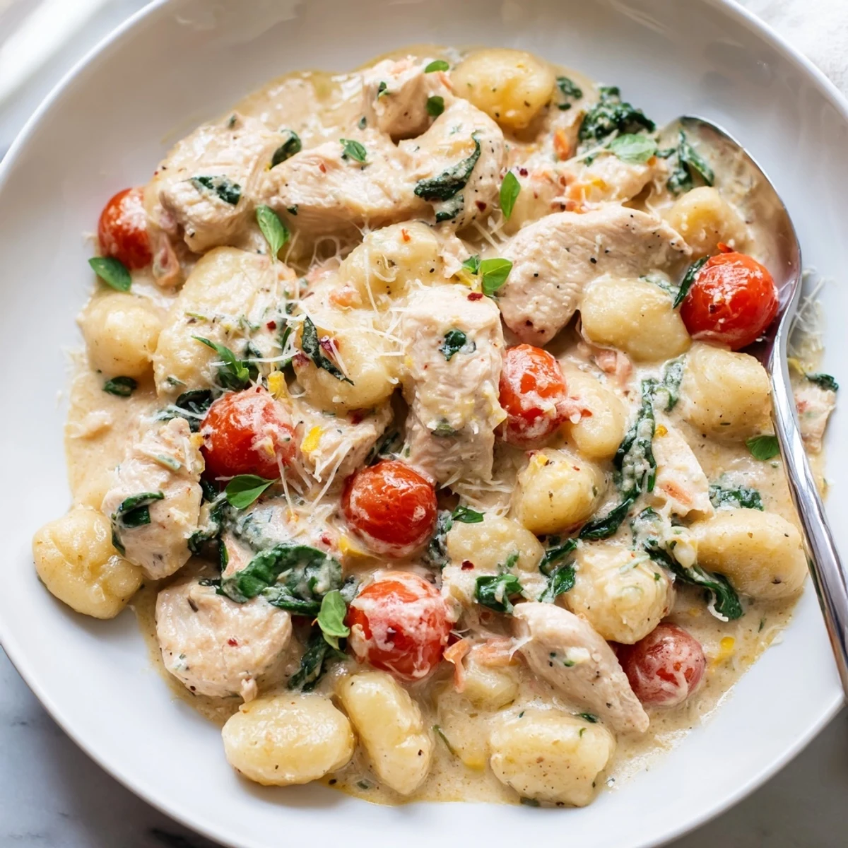Creamy Herb Chicken Gnocchi Skillet bubbling with golden seared chicken and fresh herbs in a rich Parmesan sauce
