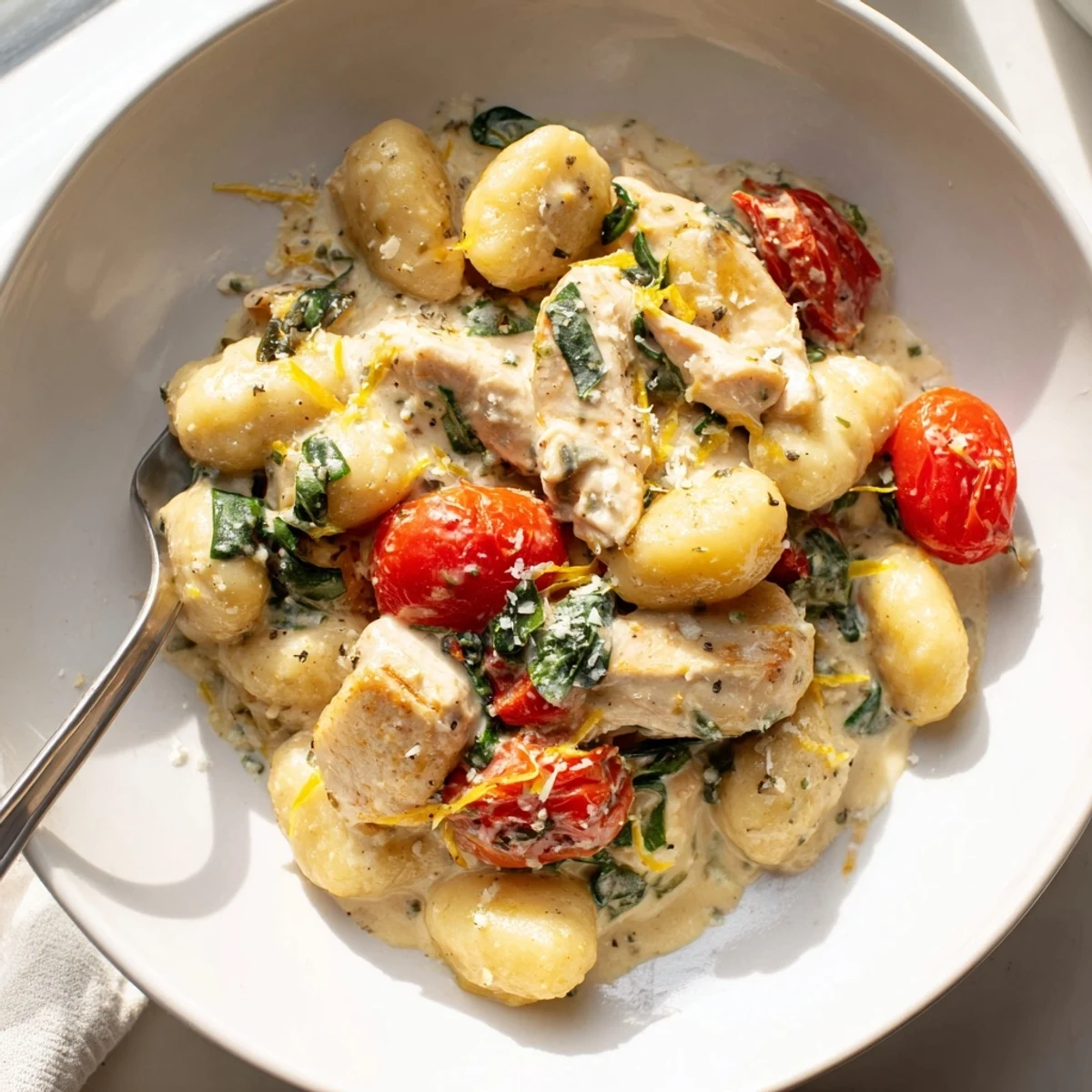 Creamy Herb Chicken Gnocchi Skillet topped with wilted spinach, halved cherry tomatoes, and pillowy potato gnocchi
