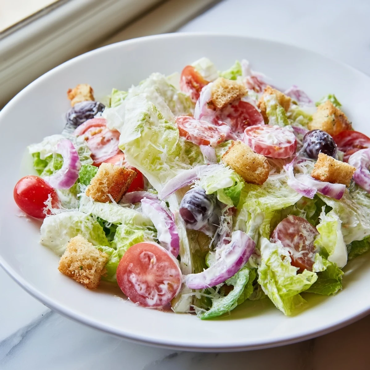 Crisp homemade Olive Garden Salad topped with tomatoes, olives, and creamy dressing