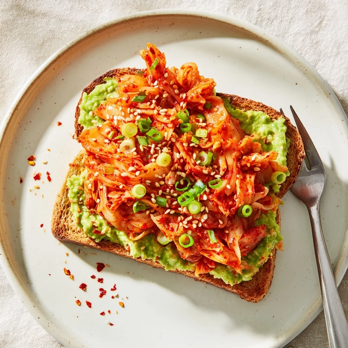 Creamy avocado mash topped with tangy kimchi on golden sourdough toast