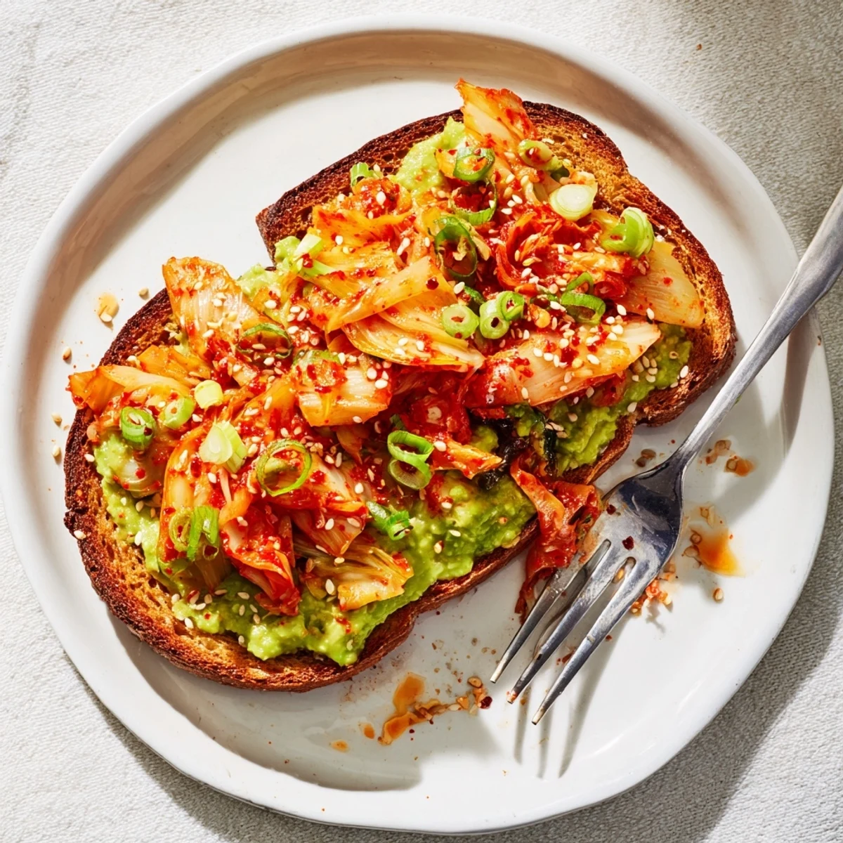 Kimchi avocado toast garnished with sesame seeds and fresh green onions