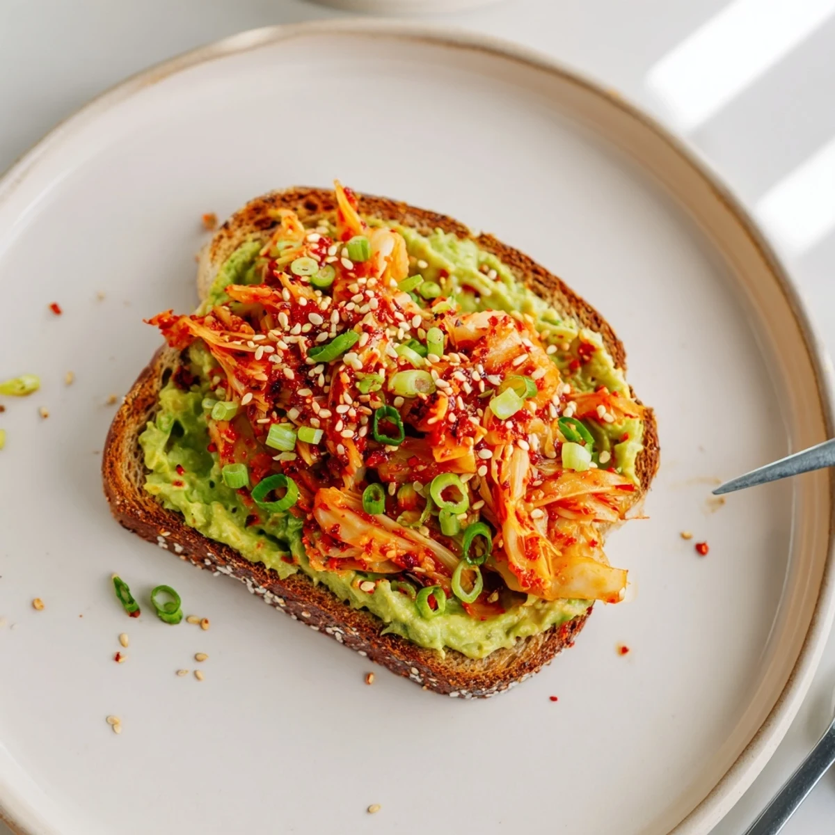 Spicy kimchi piled over smooth avocado spread on crisp toasted bread