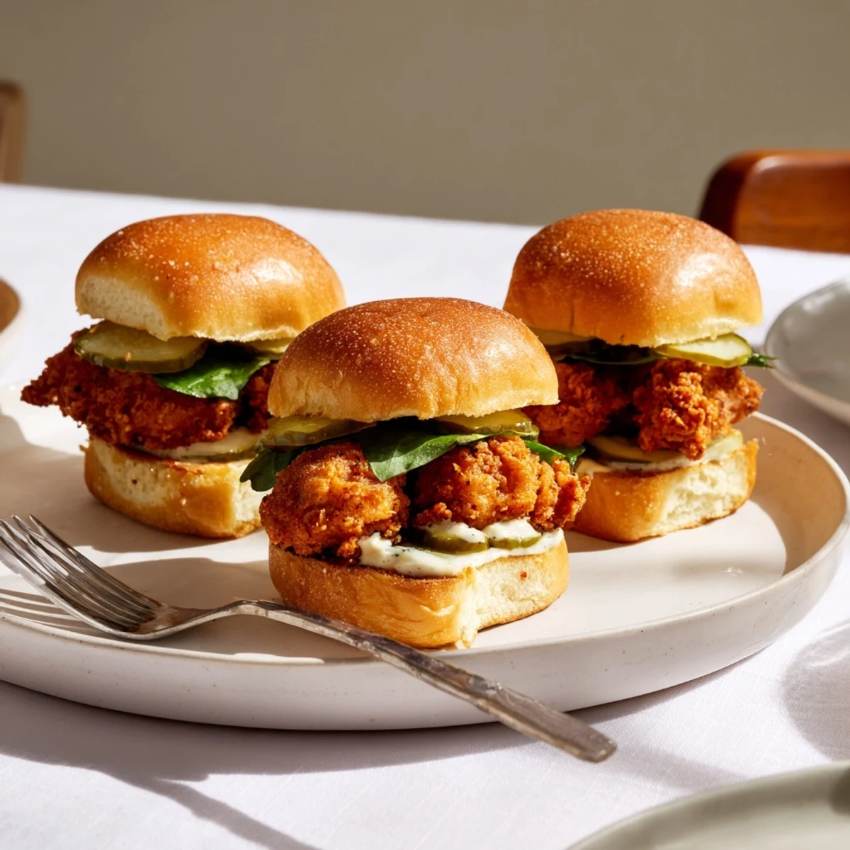 Crispy pickle brined fried chicken sliders on toasted buns drizzled with tangy mustard mayo sauce