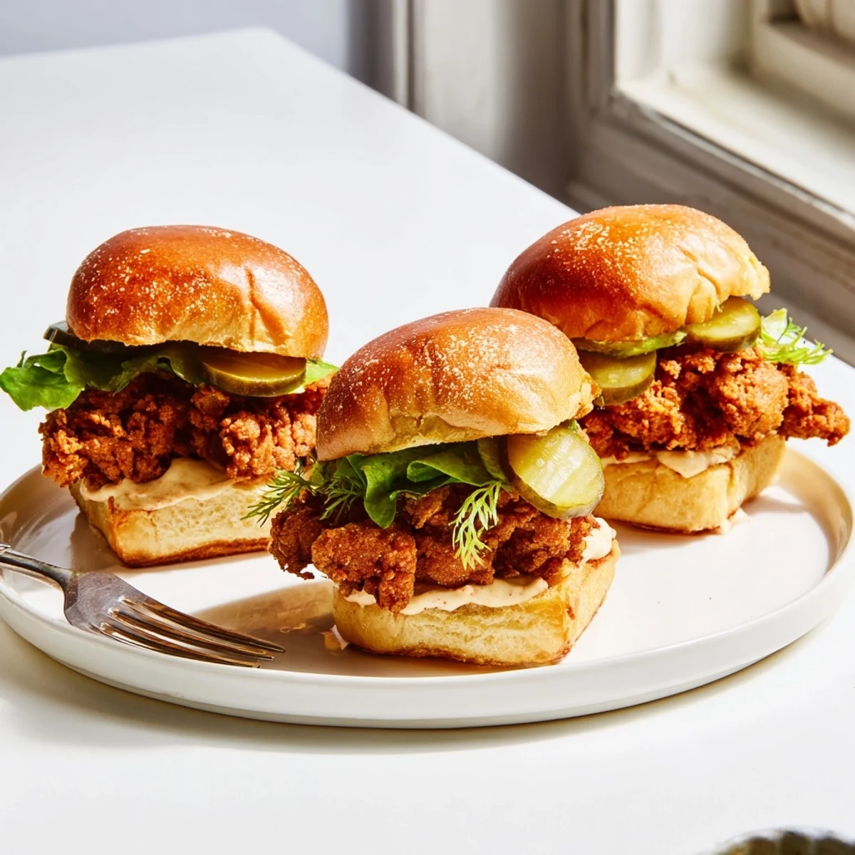 Golden crispy pickle brined fried chicken sliders stacked on soft buns with pickles and lettuce
