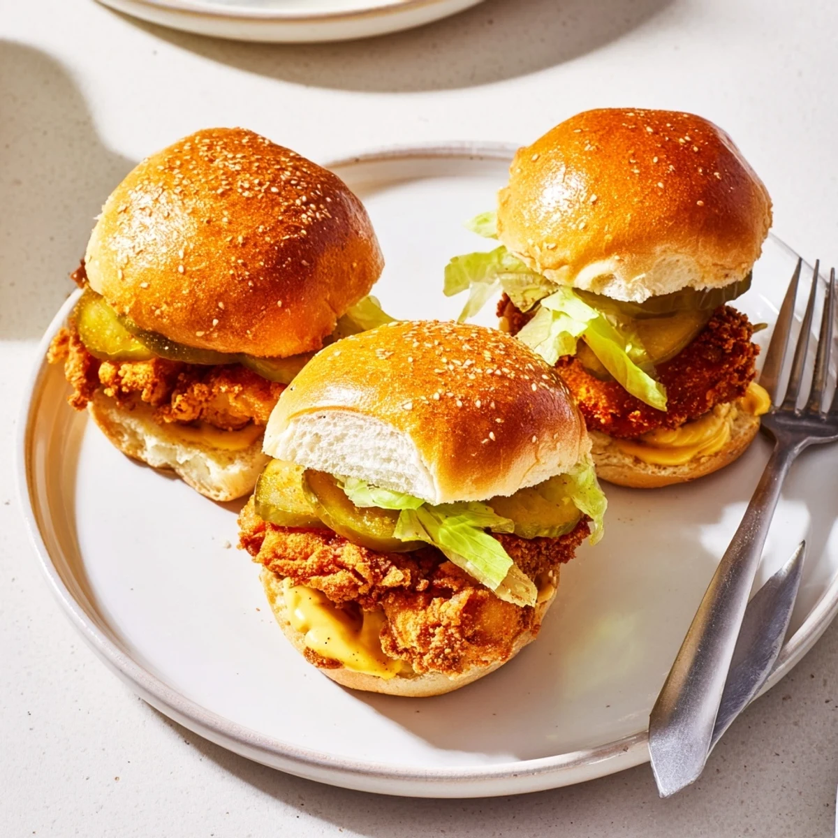 Close-up of pickle brined fried chicken sliders showing juicy meat and zesty toppings on soft buns