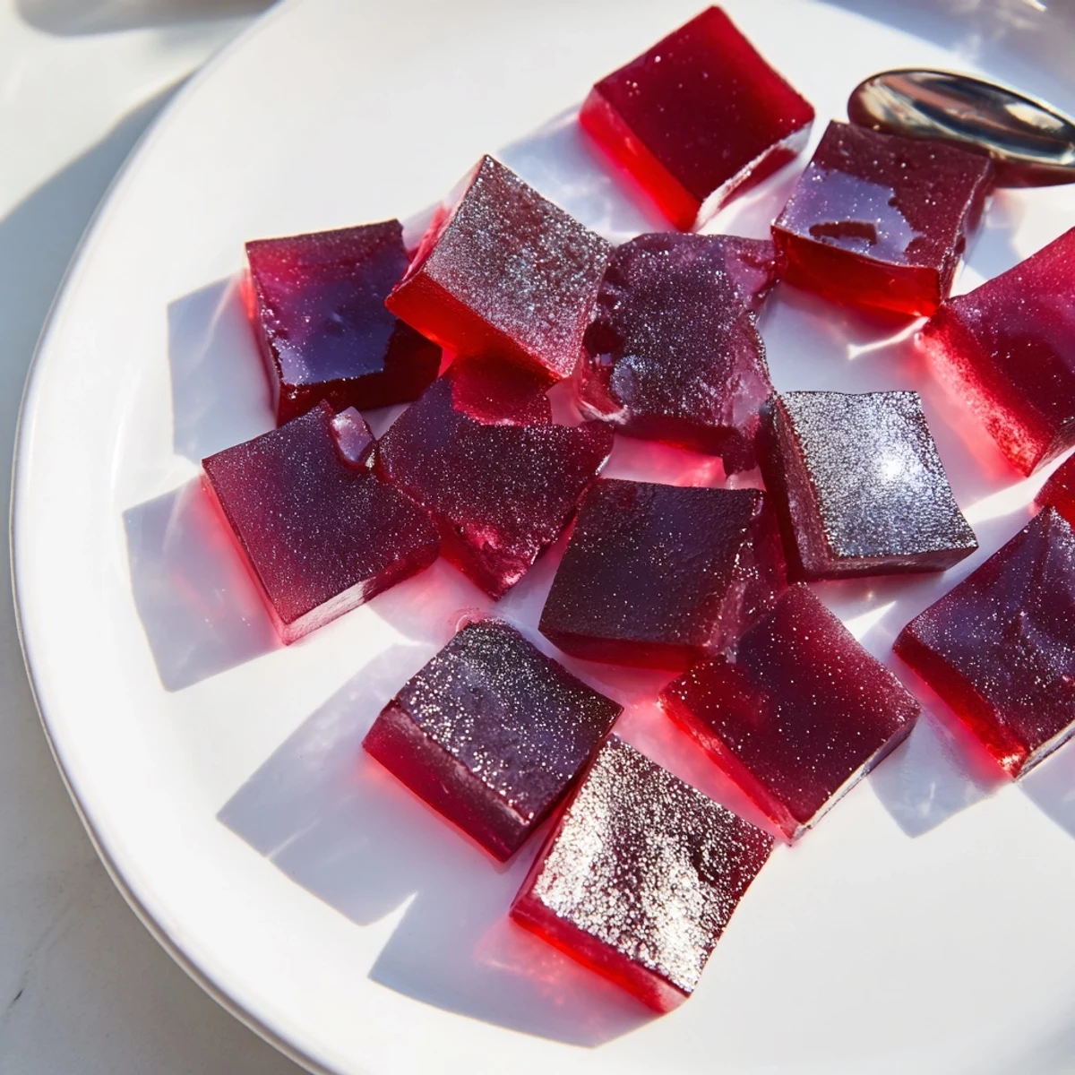 Vibrant collagen fruit jellies in assorted colors arranged on a clean white serving board