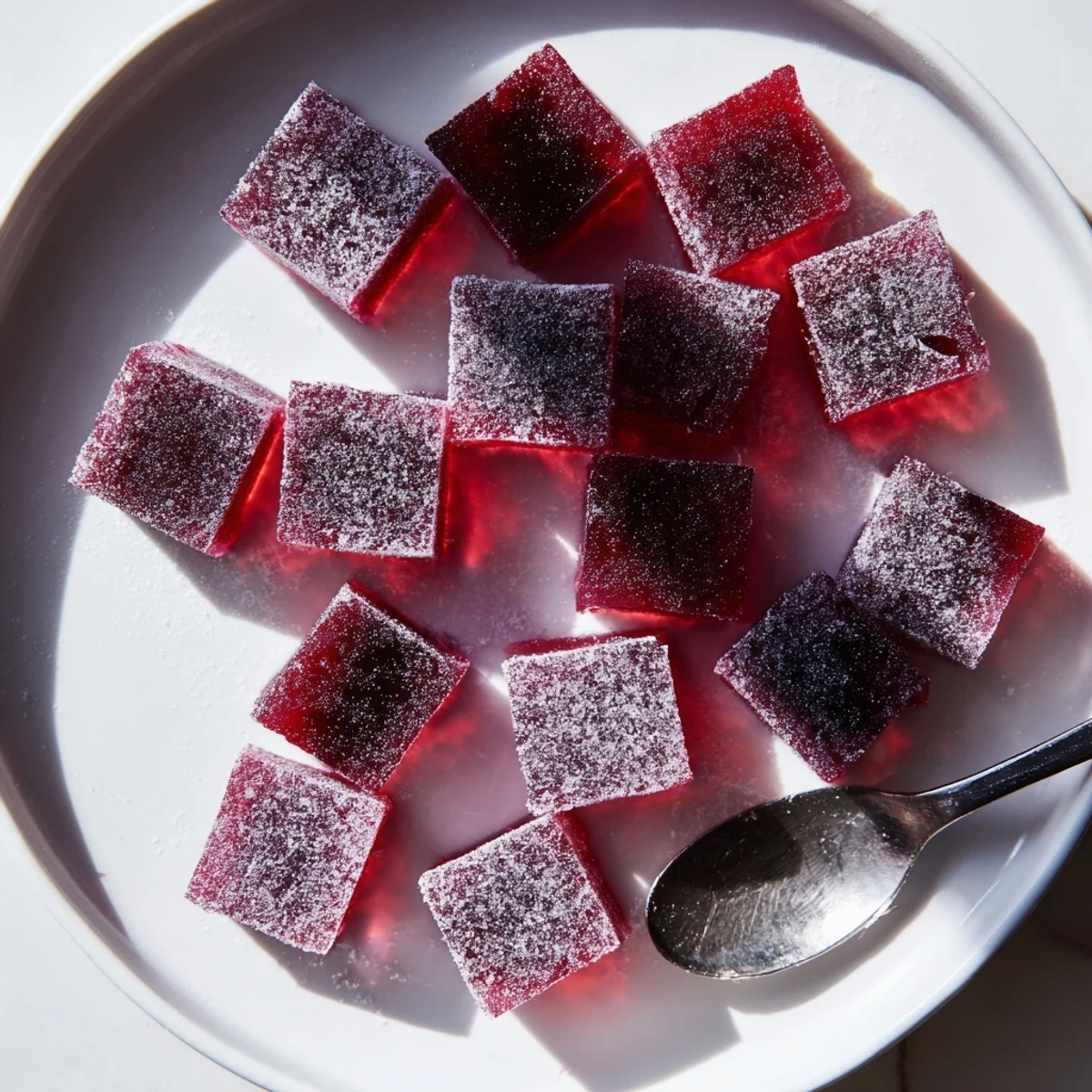 Bite-sized collagen fruit jellies in jewel-toned hues piled in a glass dessert bowl