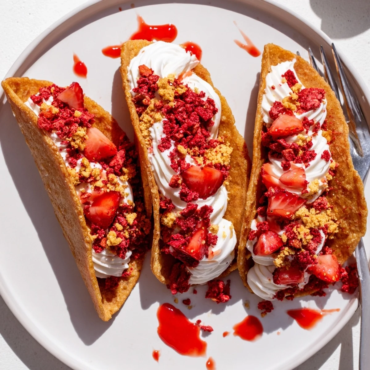 Crispy cinnamon sugar taco shells filled with creamy strawberry crunch cheesecake tacos topped with cookie crumbs