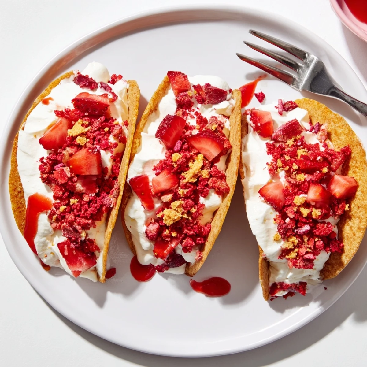 Golden strawberry crunch cheesecake tacos drizzled with fresh strawberry sauce on a white dessert plate