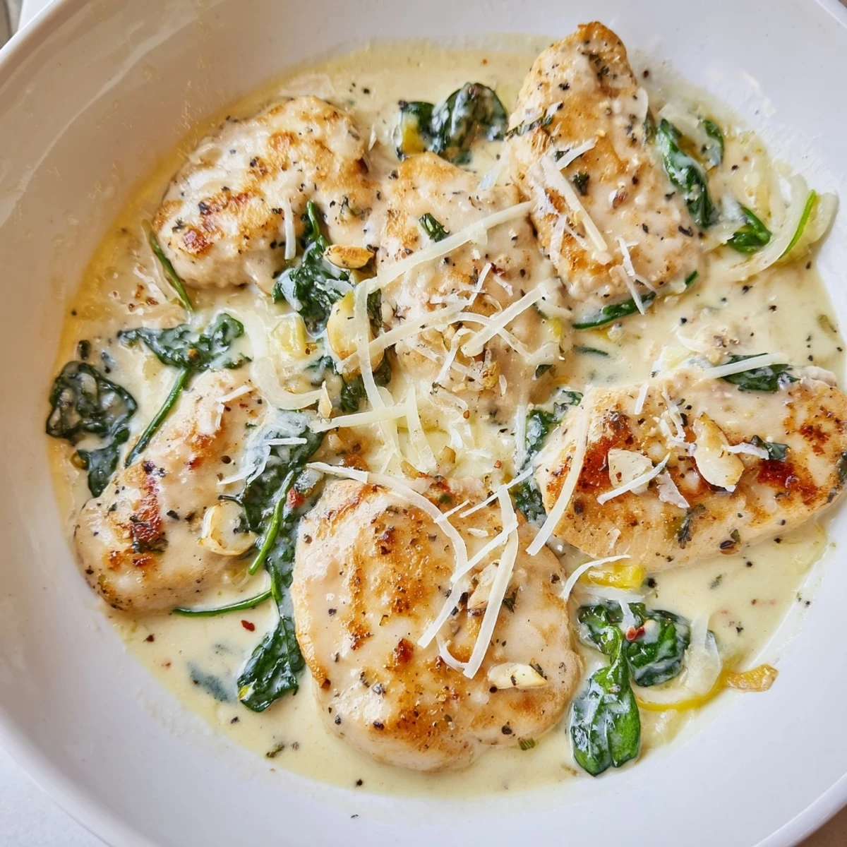 Golden seared Lemon Parmesan Spinach Chicken nestled in a creamy, garlicky skillet sauce