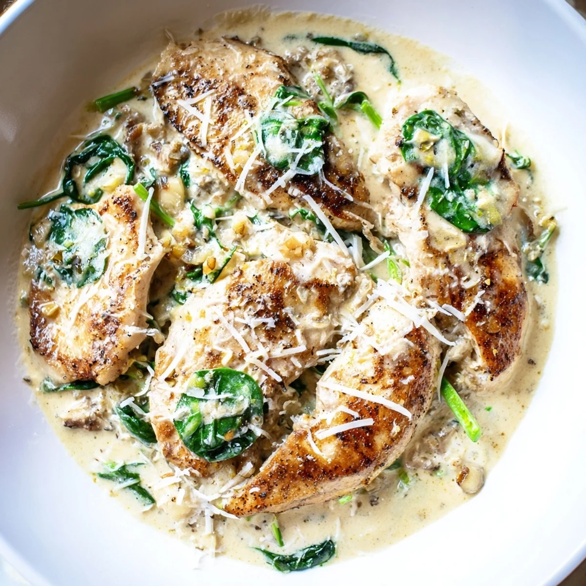 Juicy Lemon Parmesan Spinach Chicken topped with wilted greens and tangy cream sauce