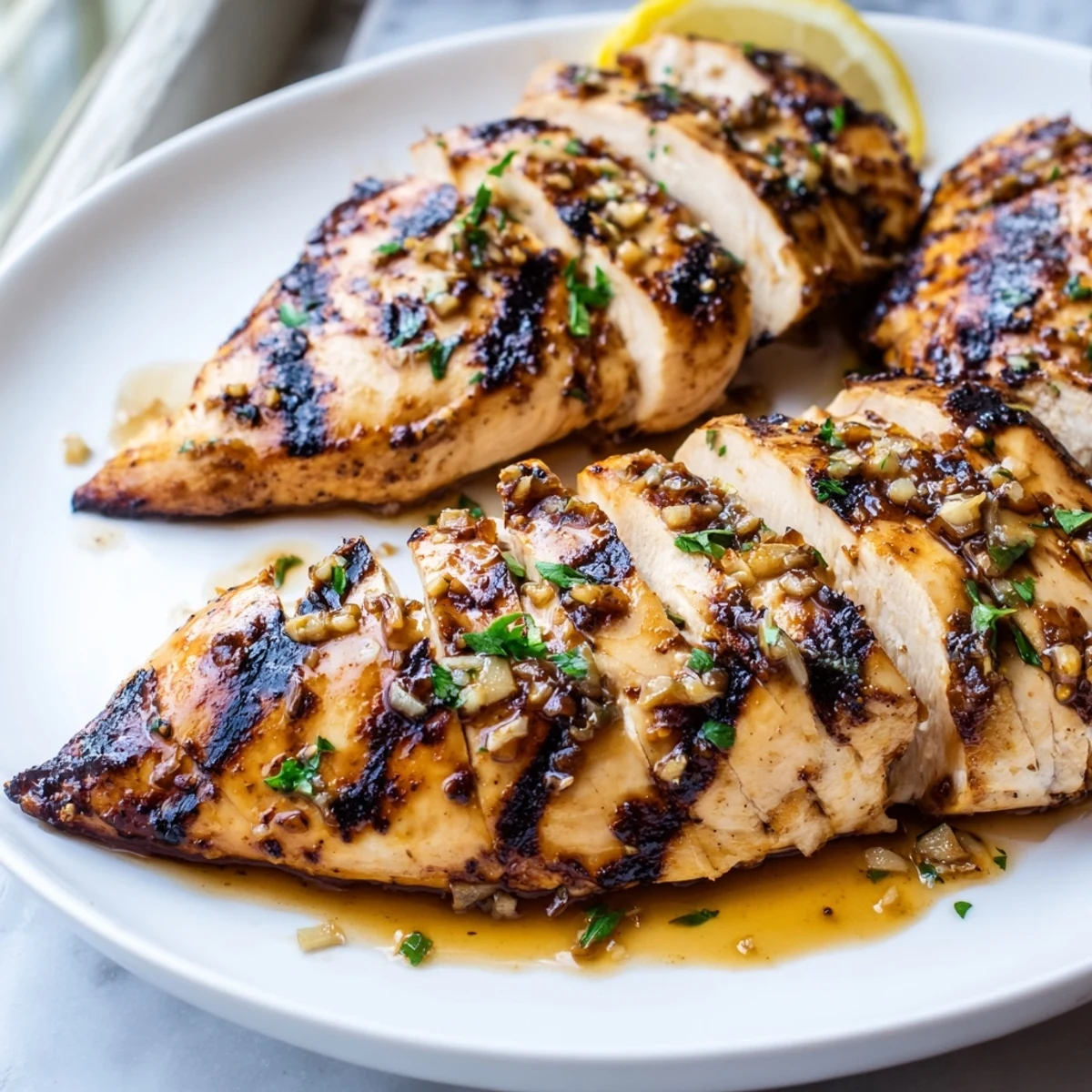 Crisp charred Maple Dijon Grilled Chicken served alongside bright lemon wedges and herbs