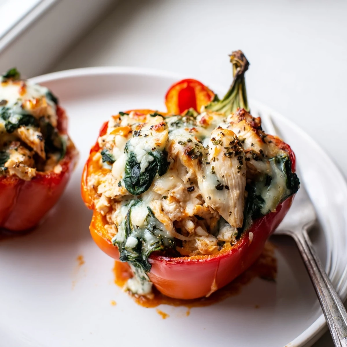 Golden baked chicken Florentine stuffed peppers topped with melted mozzarella and marinara sauce