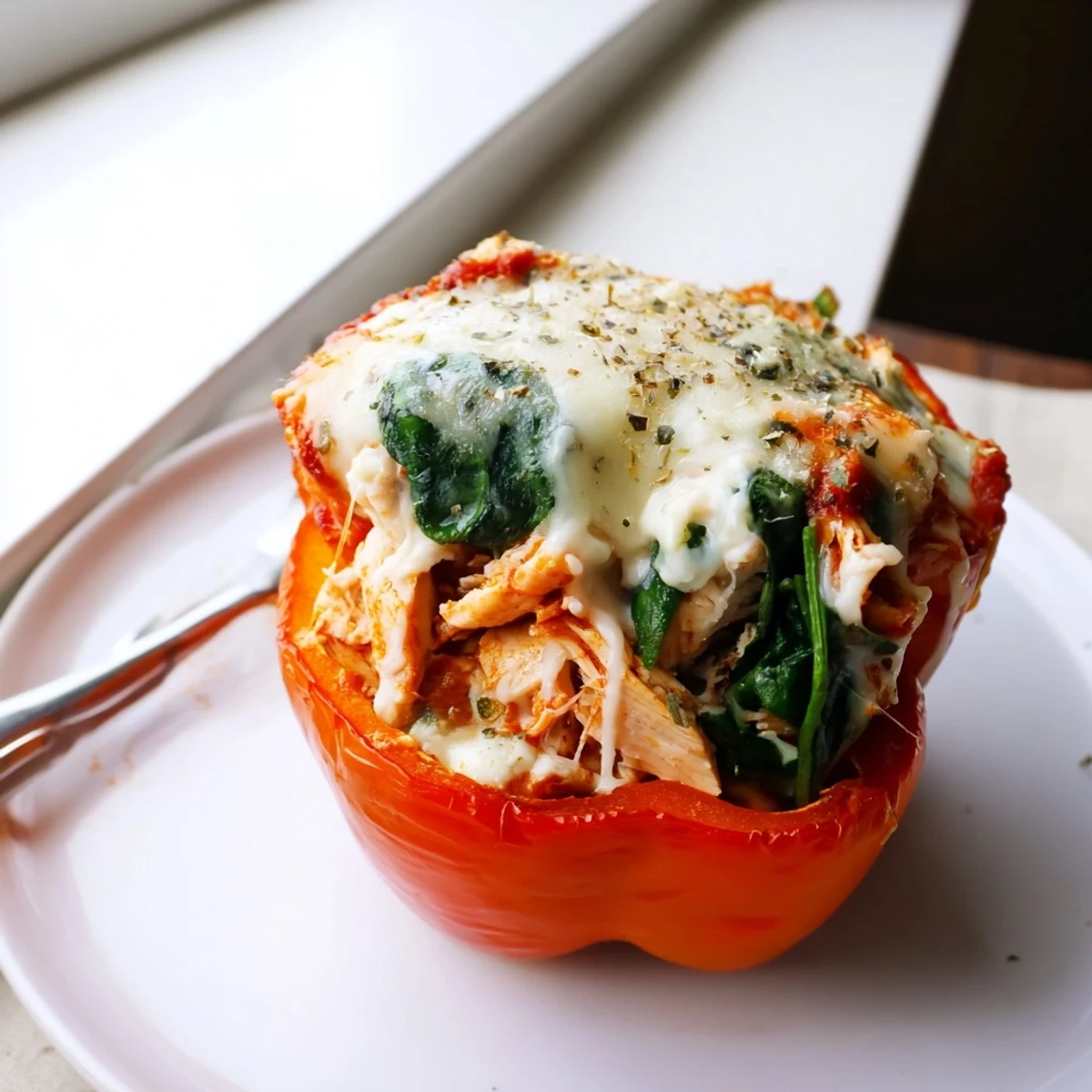Colorful bell peppers filled with creamy chicken Florentine spinach and cheese blend fresh from the oven