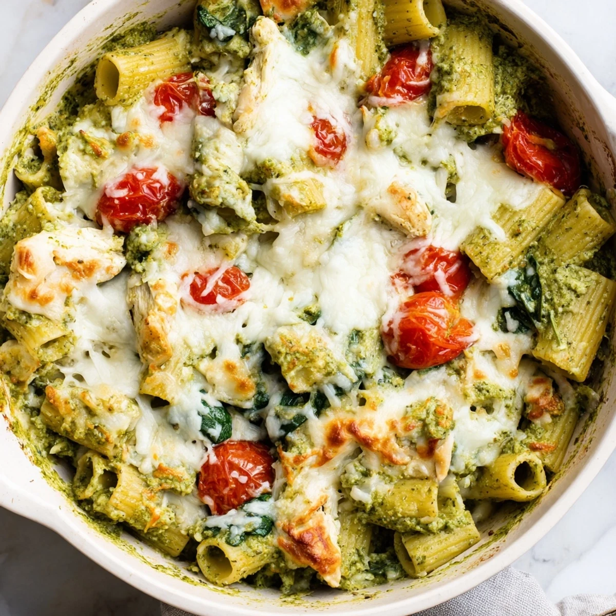 A cozy scoop of Pesto Chicken Pasta Bake garnished with parmesan on a white plate.