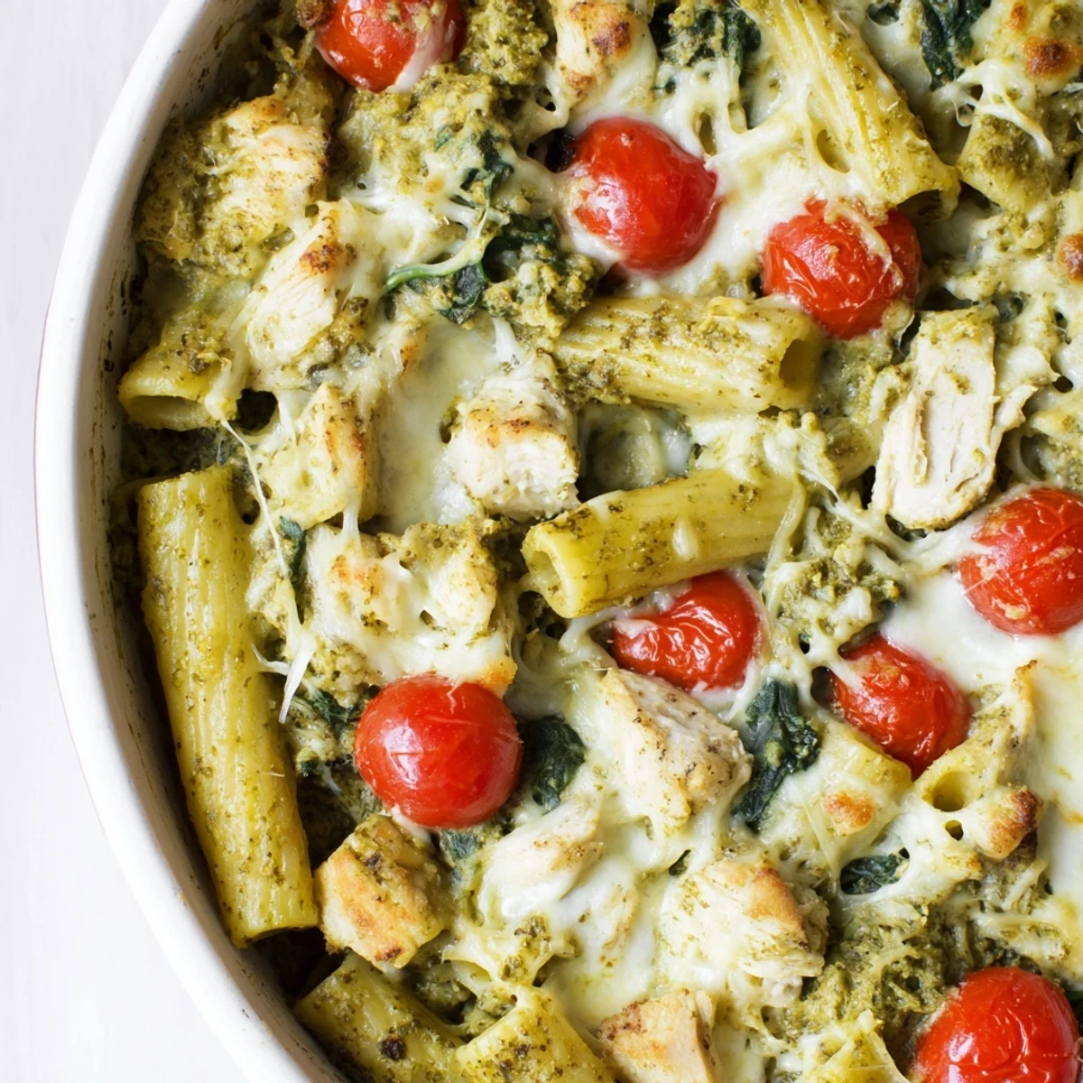 Golden bubbling Pesto Chicken Pasta Bake straight from the oven, served in a rustic dish.