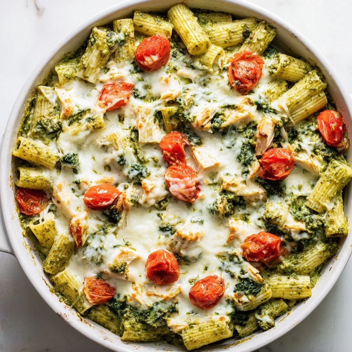 Creamy Pesto Chicken Pasta Bake topped with melted mozzarella, fresh basil, and juicy tomatoes.