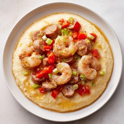 A hearty Southern comfort meal of shrimp and grits with cheddar, served with a lemony finish and fresh scallions.  