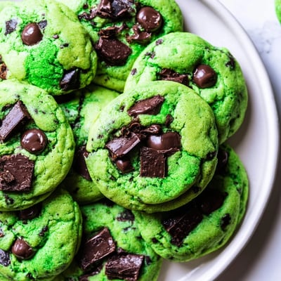 Close-up of freshly baked Mint Chip Cookies, showcasing their chewy texture and rich chocolate chunks against a clean white background.