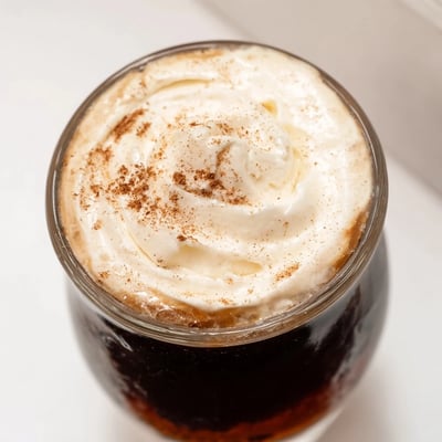 Close-up view of a creamy Irish Coffee Mocktail, showing the rich brown sugar and thick vanilla-scented whipped cream.