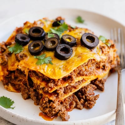 A close-up of Beef Enchilada Casserole reveals melted cheddar, tender corn tortillas, and spiced beef filling.