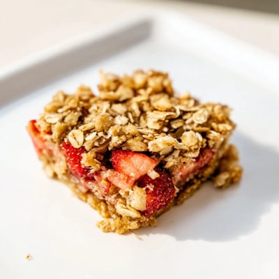 Strawberry Rhubarb Crumble Bars with a buttery oat crust and golden crumble topping, sliced to reveal the juicy fruit filling inside.