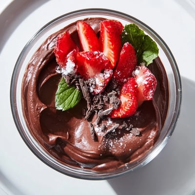 Rich chocolate mousse with juicy strawberries on top, perfect for a gluten-free dessert treat.  