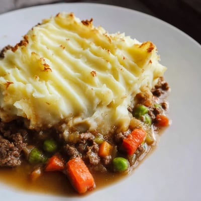 A hearty slice of Beef Shepherds Pie with Cheddar Mash features tender ground beef, peas, and carrots beneath fluffy, cheesy mashed potatoes.  
