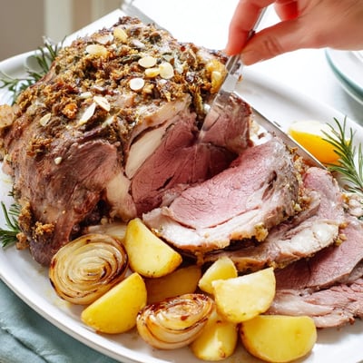 Sliced roasted leg of lamb showcases juicy pink meat with rosemary and thyme, served alongside golden potatoes.