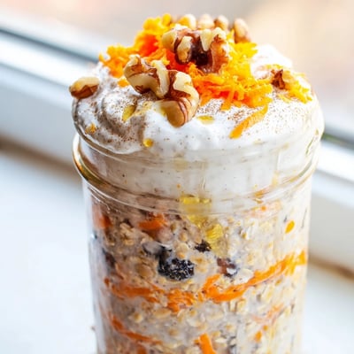 Thick spiced carrot cake overnight oats served in a mason jar with yogurt