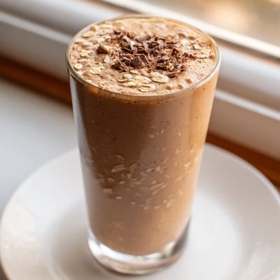 Frothy coffee smoothie poured into two mason jars with banana slices