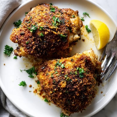 Juicy oven baked chicken thighs garnished with fresh parsley and lemon wedges
