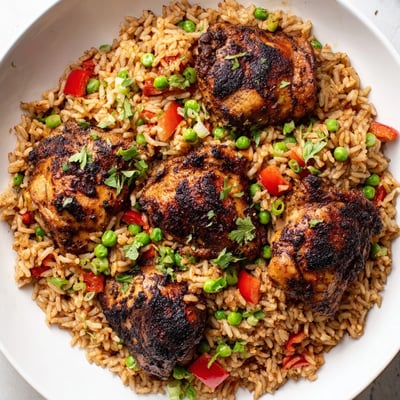 Golden brown jerk-seasoned chicken thighs nestled in fragrant coconut rice with diced peppers